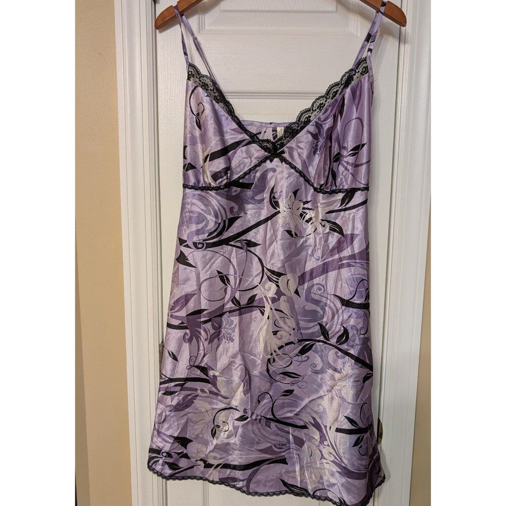 Vintage Y2K Satin Lavender Floral Slip Dress Black Lace Trim Whimsigoth
